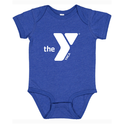 YMCA branded blue infant onesie