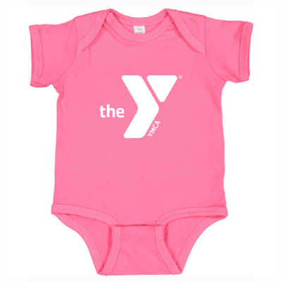 YMCA branded pink infant onesie