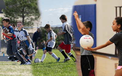 A split image of kids playing flag football, soccer and volleyball